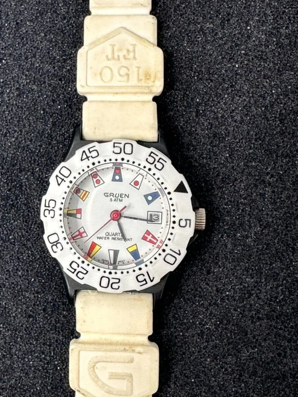 Vintage Gruen Women Watch 27mm Nautical Flag Dial Date Window New Battery